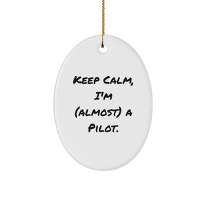 Funny Pilot Oval Ornament Gift for Men Friends Family - Keep Calm I'm (almost) A Pilot. Christmas Unique Gifts from Dad to Son - Image 1