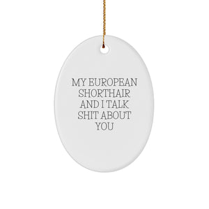 Funny European Shorthair Cat Oval Ornament with My European Shorthair And I Talk Shit About You Quote, Gifts from Family to European Shorthair Cat Lover, Christmas Unique Gifts - Image 1