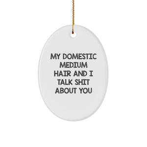 Funny Domestic Medium Hair Gifts from Friends - Oval Ornament for Christmas, 'My Domestic Medium Hair And I Talk Shit About You' Quote, Perfect for Home Decor - Image 1