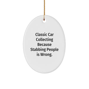 Classic Car Collecting Gifts, Funny Oval Ornament for Men, Gifts from Family, Unique Christmas Unique Gifts for Classic Car Enthusiasts, Sublimated MDF White Oval Shaped Ornament with Gold Cord - Image 1