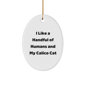 Calico Cat Lovers Christmas Oval Ornament Gifts from Friends to Family with a Funny Quote I Like A Handful Of Humans And My Calico Cat - Image 1