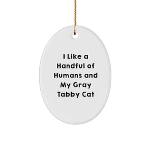 Funny Gray Tabby Cat Gifts - I Like A Handful Of Humans And My Gray Tabby Cat Oval Ornament for Cat Lovers, Christmas Unique Gifts from Friends - Image 1
