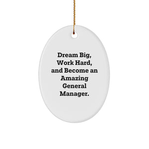 Christmas Unique Gifts for General Manager Friend or Family Member - Oval Ornament with Funny Quote 'Dream Big, Work Hard, And Become An Amazing General Manager.' - Gifts from Men to Women Coworkers - Image 1