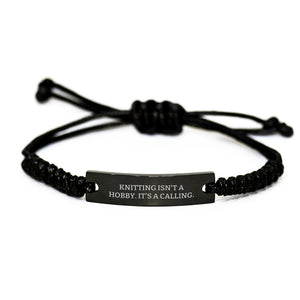 Knitting Inspirational Gifts from Friends to Family - Black Rope Bracelet - Knitting Isn't A Hobby It's A Calling - Image 1