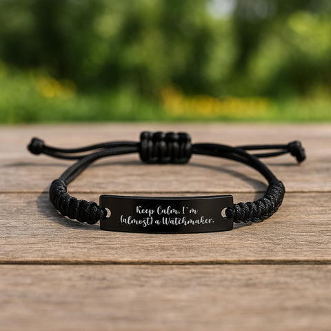 Image of Funny Watchmaker Gifts from Friends - 'Keep Calm, I'm (almost) A Watchmaker.' Black Rope Bracelet for Birthday Unique Gifts for Watchmaker Men, Friends, Coworkers - Image 2