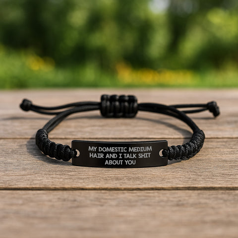Image of Funny Domestic Medium Hair Gifts from Friends for Graduation - Adjustable Rope Bracelet, 'My Domestic Medium Hair And I Talk Shit About You' Quote, Black Stainless Steel with Interlaced Rope - Image 2