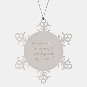 Funny Quote Receptionist Gifts from Friends, Christmas Unique Snowflake Ornament for Receptionist Coworkers, Stainless Steel Snowflake Decoration - Image 1