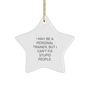 Funny Personal Trainer Gifts from Men to Men for Christmas - Star Ornament with I May Be A Personal Trainer, But I Can't Fix Stupid People. Quote, Unique and Humorous Present for Coworkers or Family - Image 1