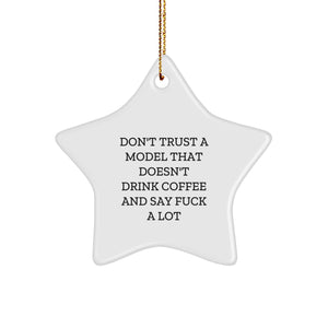 Funny Model Star Ornament Gifts from Friends for Christmas - White Star Shaped Decoration with Gold Cord - Don't Trust A Model - Image 1