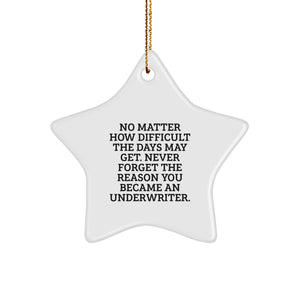 Inspirational Gifts from Friends for Underwriter Star Ornament, No Matter How Difficult The Days May Get, Funny Quote, Christmas Unique Gifts, Star Shaped, White Color - Image 1