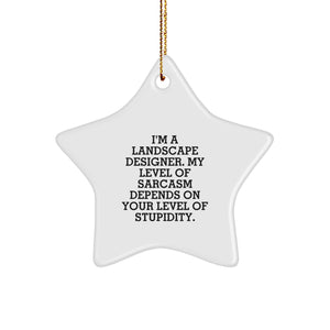 Funny Landscape Designer Gifts from Friends, Unique Star Ornament, Christmas Inspirational Quote, 'I'm A Landscape Designer. My Level Of Sarcasm Depends On Your Level Of Stupidity.' - Image 1