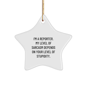 Funny Reporter Gifts from Friends, 'I'm A Reporter. My Level Of Sarcasm Depends On Your Level Of Stupidity.' Star Ornament for Christmas - Image 1