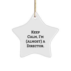 Funny Director Star Ornament Gifts from Men to Friends and Family on Christmas - 'Keep Calm, I'm (almost) A Director' Star Shaped White Decorations - Image 1
