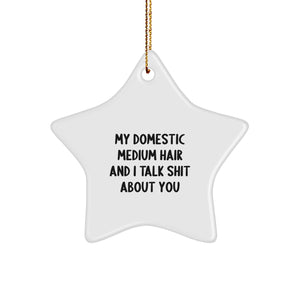 Funny Domestic Medium Hair Cat Gifts from Men to Friends for Christmas - Star Ornament with My Domestic Medium Hair And I Talk Shit About You Quote - Image 1