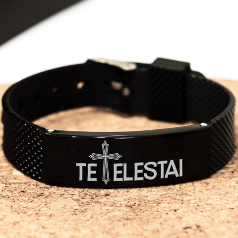 Image of Motivational Christian Black Shark Mesh Bracelet, Tetelestai Inspirational Christmas, Family Gifts for Christian Men, Women, Girls & Boys