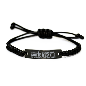 Motivational Christian Black Rope Bracelet, In the beginning, God created the heavens and the earth., Inspirational Christmas , Family, Anniversary Gifts For Christian Men, Women, Girls & Boys