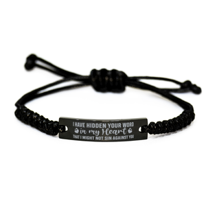 Motivational Christian Black Rope Bracelet, I have hidden your word in my heart that I might not sin against you., Inspirational Christmas , Family, Anniversary  Gifts For Christian Men, Women, Girls & Boys