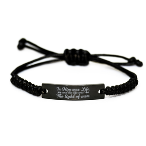 Motivational Christian Black Rope Bracelet, In Him was life, and the life was the light of men., Inspirational Christmas , Family, Anniversary  Gifts For Christian Men, Women, Girls & Boys