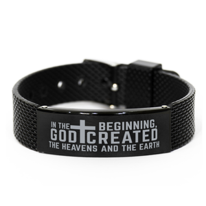 Motivational Christian Black Shark Mesh Bracelet, In the beginning, God created the heavens and the earth., Inspirational Christmas , Family, Anniversary Gifts For Christian Men, Women, Girls & Boys