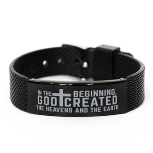 Motivational Christian Black Shark Mesh Bracelet, In the beginning, God created the heavens and the earth., Inspirational Christmas , Family, Anniversary Gifts For Christian Men, Women, Girls & Boys