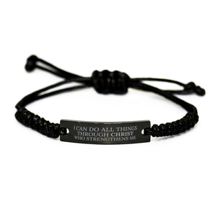 Motivational Christian Black Rope Bracelet, I can do all things through Christ who strengthens me., Inspirational Christmas , Family, Anniversary  Gifts For Christian Men, Women, Girls & Boys