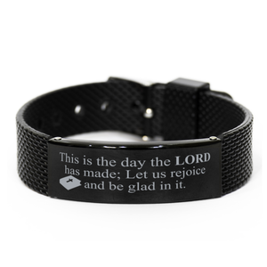 Motivational Christian Black Shark Mesh Bracelet, This is the day the Lord has made; Let us rejoice and be glad in it., Inspirational Christmas , Family, Anniversary  Gifts For Christian Men, Women, Girls & Boys