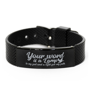 Motivational Christian Black Shark Mesh Bracelet, Your word is a lamp to my feet and a light for my path., Inspirational Christmas , Family, Anniversary  Gifts For Christian Men, Women, Girls & Boys