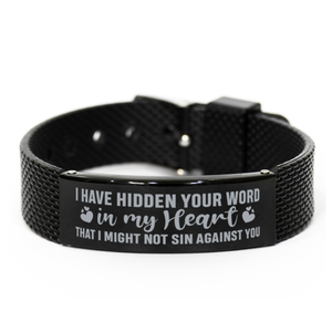 Motivational Christian Black Shark Mesh Bracelet, I have hidden your word in my heart that I might not sin against you., Inspirational Christmas , Family, Anniversary  Gifts For Christian Men, Women, Girls & Boys