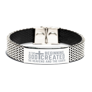 Motivational Christian Stainless Steel Bracelet, In the beginning, God created the heavens and the earth., Inspirational Christmas , Family, Anniversary Gifts For Christian Men, Women, Girls & Boys