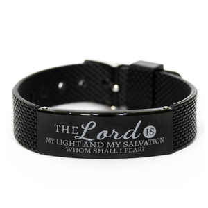 Motivational Christian Black Shark Mesh Bracelet, The Lord is my light and my salvation