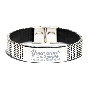 Motivational Christian Stainless Steel Bracelet, Your word is a lamp to my feet and a light for my path., Inspirational Christmas , Family, Anniversary  Gifts For Christian Men, Women, Girls & Boys