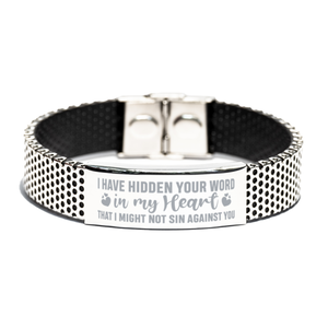Motivational Christian Stainless Steel Bracelet, I have hidden your word in my heart that I might not sin against you., Inspirational Christmas , Family, Anniversary  Gifts For Christian Men, Women, Girls & Boys