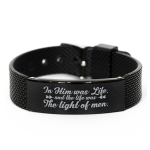 Motivational Christian Black Shark Mesh Bracelet, In Him was life, and the life was the light of men., Inspirational Christmas , Family, Anniversary  Gifts For Christian Men, Women, Girls & Boys