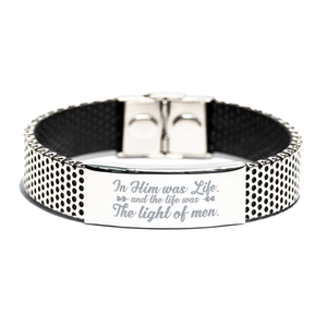 Motivational Christian Stainless Steel Bracelet, In Him was life, and the life was the light of men., Inspirational Christmas , Family, Anniversary  Gifts For Christian Men, Women, Girls & Boys