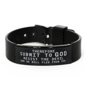Motivational Christian Black Shark Mesh Bracelet, Therefore submit to God. Resist the devil and he will flee from you., Inspirational Christmas , Family, Anniversary  Gifts For Christian Men, Women, Girls & Boys