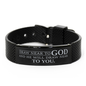 Motivational Christian Black Shark Mesh Bracelet, Draw near to God and He will draw near to you., Inspirational Christmas , Family, Anniversary  Gifts For Christian Men, Women, Girls & Boys