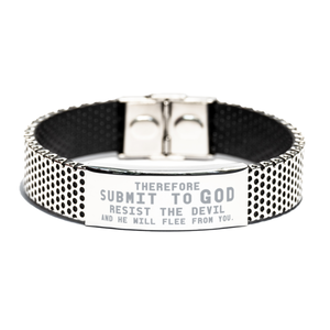 Motivational Christian Stainless Steel Bracelet, Therefore submit to God. Resist the devil and he will flee from you., Inspirational Christmas , Family, Anniversary  Gifts For Christian Men, Women, Girls & Boys