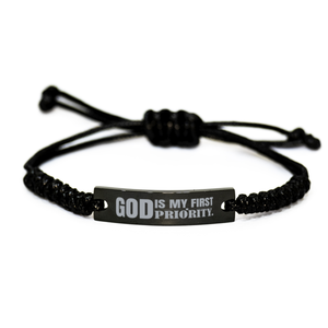 Motivational Christian Black Rope Bracelet, God is my first priority., Inspirational Christmas , Family, Anniversary  Gifts For Christian Men, Women, Girls & Boys