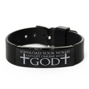 Motivational Christian Black Shark Mesh Bracelet, Download your worries and get online with God., Inspirational Christmas , Family, Anniversary  Gifts For Christian Men, Women, Girls & Boys