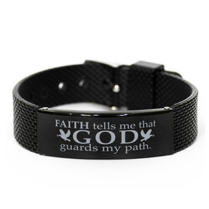 Motivational Christian Black Shark Mesh Bracelet, Faith tells me that God guards my path., Inspirational Christmas , Family, Anniversary  Gifts For Christian Men, Women, Girls & Boys