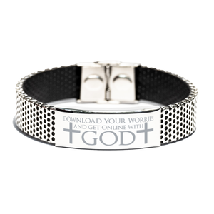 Motivational Christian Stainless Steel Bracelet, Download your worries and get online with God., Inspirational Christmas , Family, Anniversary  Gifts For Christian Men, Women, Girls & Boys