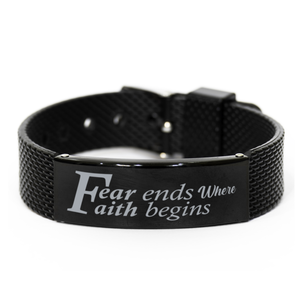 Motivational Christian Black Shark Mesh Bracelet, Fear ends where faith begins., Inspirational Christmas , Family, Anniversary  Gifts For Christian Men, Women, Girls & Boys