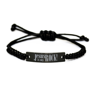 Motivational Christian Black Rope Bracelet, Jesus Is My Rock!, Inspirational Christmas , Family, Anniversary  Gifts For Christian Men, Women, Girls & Boys