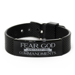 Motivational Christian Black Shark Mesh Bracelet, Fear God and keep his commandments., Inspirational Christmas , Family, Anniversary  Gifts For Christian Men, Women, Girls & Boys