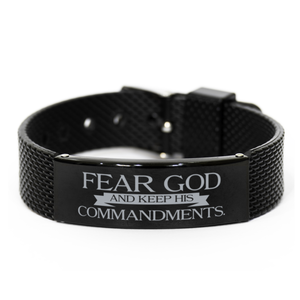 Motivational Christian Black Shark Mesh Bracelet, Fear God and keep his commandments., Inspirational Christmas , Family, Anniversary  Gifts For Christian Men, Women, Girls & Boys