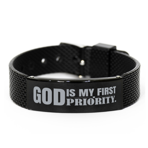 Motivational Christian Black Shark Mesh Bracelet, God is my first priority., Inspirational Christmas , Family, Anniversary  Gifts For Christian Men, Women, Girls & Boys