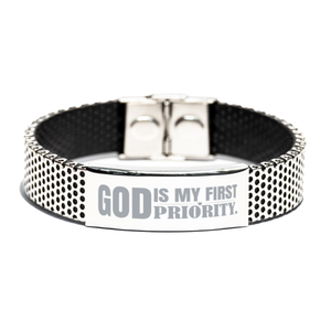 Motivational Christian Stainless Steel Bracelet, God is my first priority., Inspirational Christmas , Family, Anniversary  Gifts For Christian Men, Women, Girls & Boys