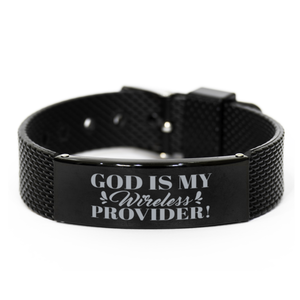 Motivational Christian Black Shark Mesh Bracelet, God is my wireless provider!, Inspirational Christmas , Family, Anniversary  Gifts For Christian Men, Women, Girls & Boys