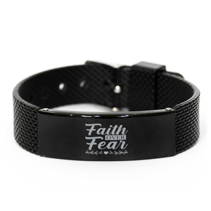Motivational Christian Black Shark Mesh Bracelet, Faith over Fear, Inspirational Christmas , Family, Anniversary  Gifts For Christian Men, Women, Girls & Boys
