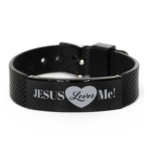 Motivational Christian Black Shark Mesh Bracelet, Jesus Loves Me!, Inspirational Christmas , Family, Anniversary  Gifts For Christian Men, Women, Girls & Boys